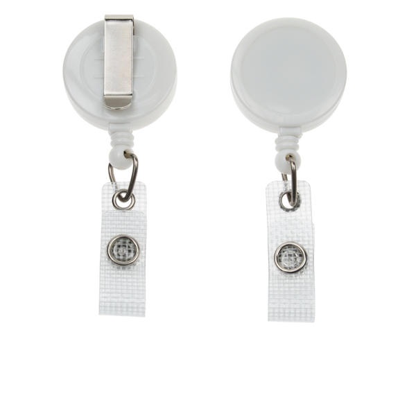 Picture of White badge reel with belt clip and strap. 60270199