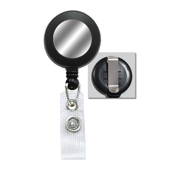 Picture of Black badge reel with belt clip, strap and silver sticker. 60270175