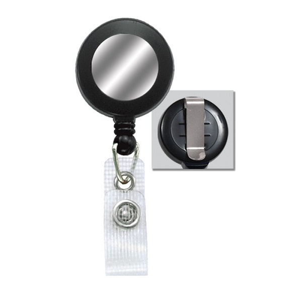 Bilde av Svart badge-reel med beltklips, snor og sølvklistremerke. 60270175