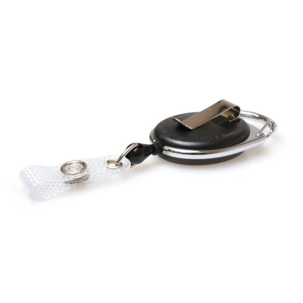 Picture of Black carabiner ID badge reel with belt clip and strap. 60270149