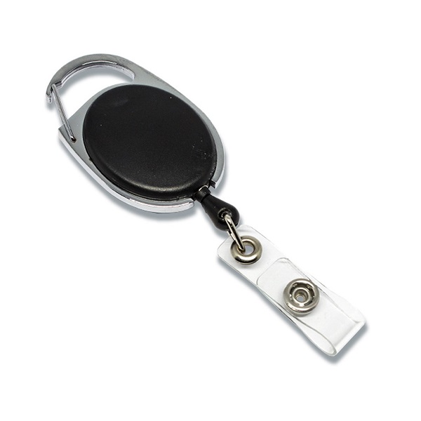 Picture of Black carabiner ID badge reel with clear strap. 60270173_1