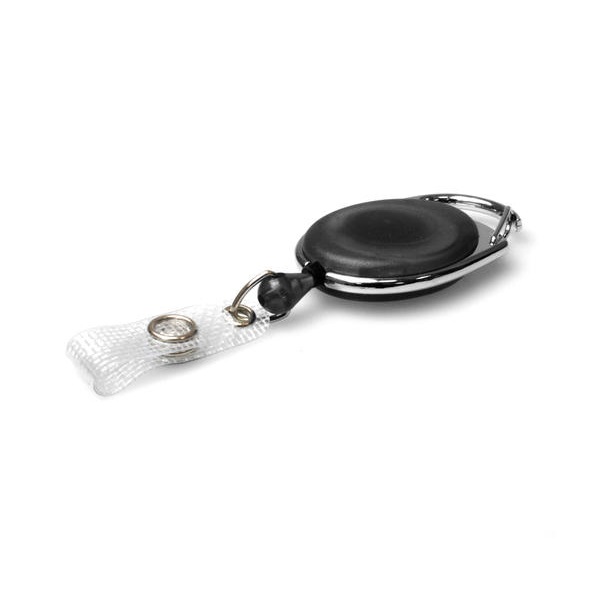 Picture of Black translucent carabiner ID badge reel with reinforced strap. 60270171