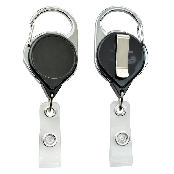 Picture of Black carabiner ID badge reel with belt clip and strap. 60270143