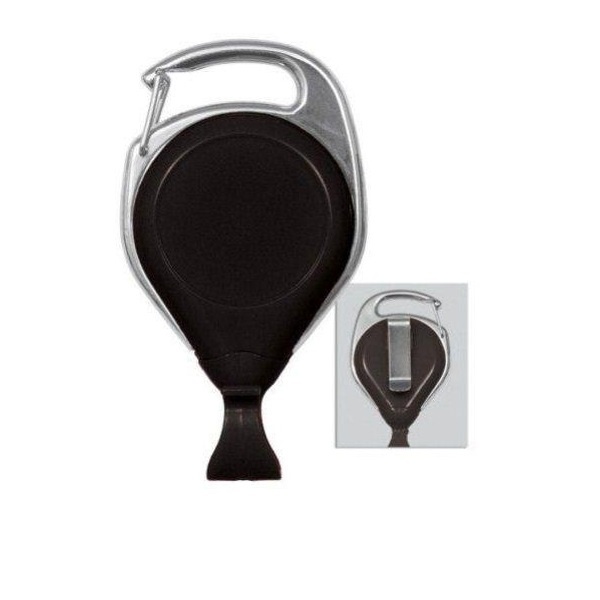 Picture of Black carabiner No-Twist ID badge reel with belt clip and card clip. 60270142