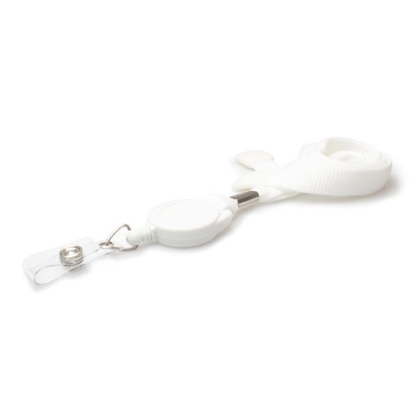 Picture of White 16 mm tubular breakaway lanyards with attached yoyo card reel and clear vinyl strap. 60270642