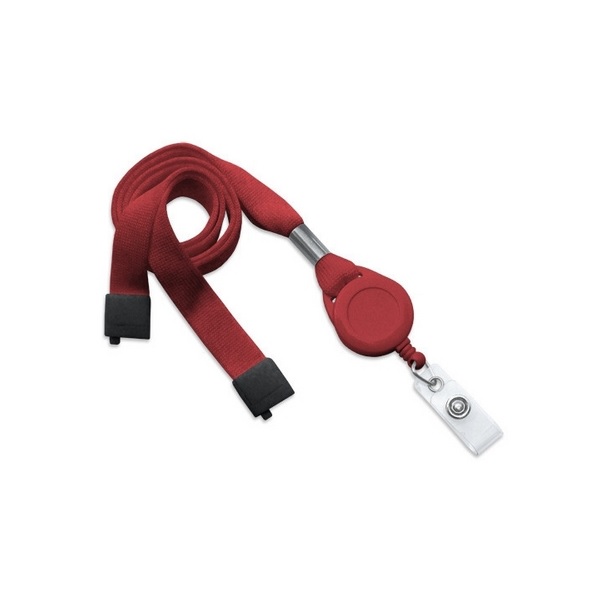 Picture of Red 16 mm tubular breakaway lanyards with attached yoyo card reel and clear vinyl strap. 60270625