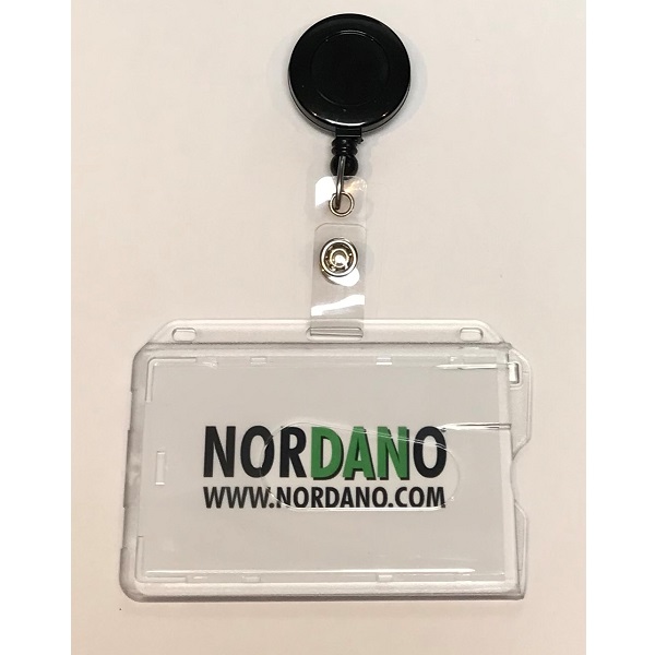 Picture of Cardholder / carrying case rigid plastic with lock clear (horizontal / landscape) with a black badge reel, strap clip. 60270126+60270176