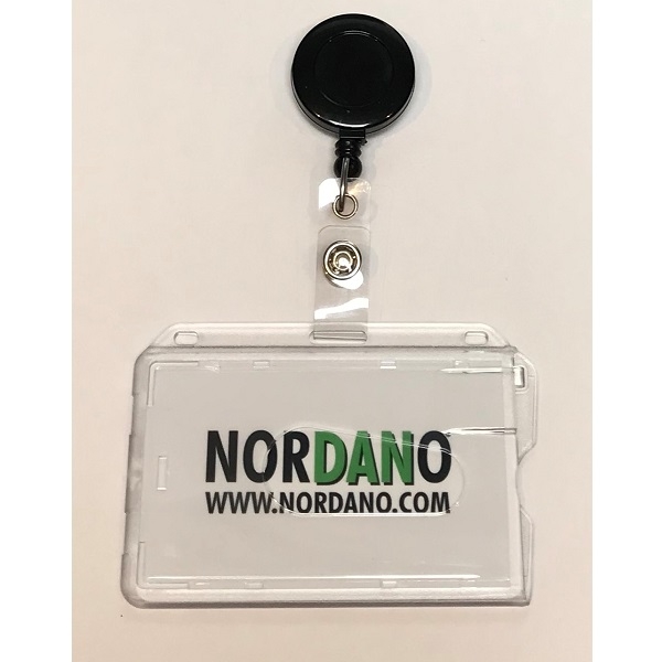Billede af Kortholder / bæreetui hård plast og lås klar / gennemsigtig / glasklar (vandret / horisontal / landscape) og Yoyo / jojo sort med bælteclip / plaststrop m. knaplås. 60270126+60270176