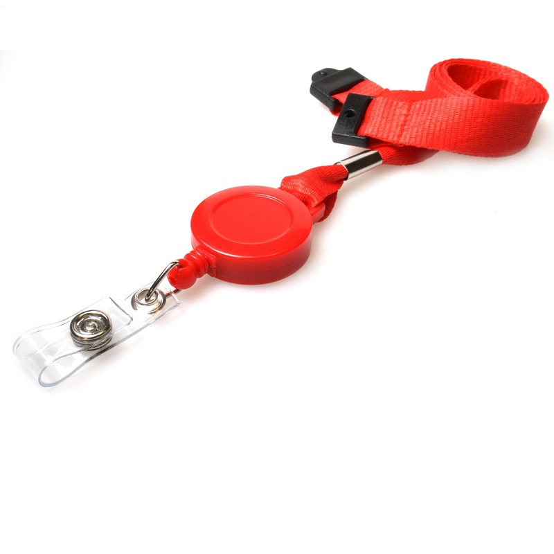 Picture of Red 15 mm recycled plain lanyards with yoyo card reel and clear vinyl strap. 60270635
