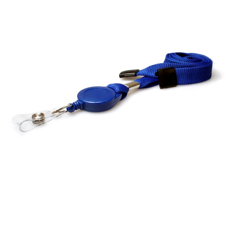 Picture of Blue 16 mm tubular breakaway lanyards with attached yoyo card reel and clear vinyl strap. 60270638