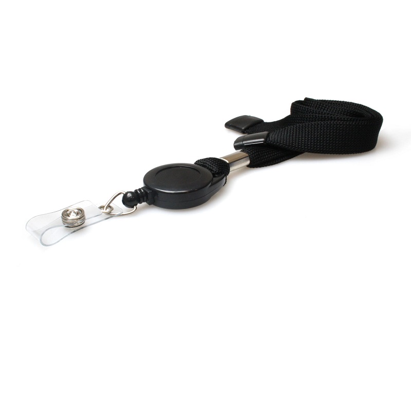 Picture of Black 16 mm tubular breakaway lanyards with attached yoyo card reel and clear vinyl strap. 60270631