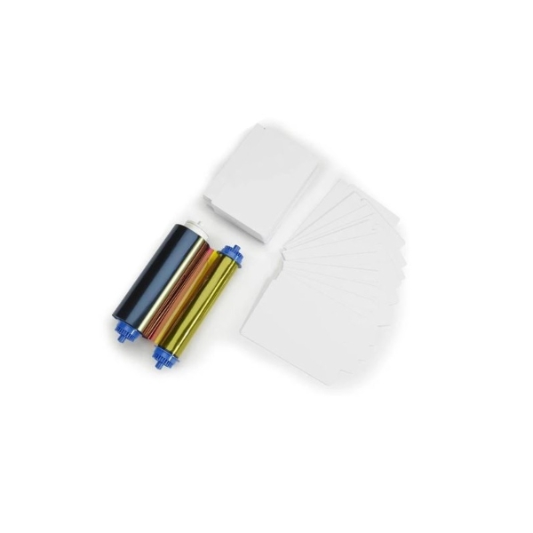 Picture of Zebra ZC10L color ribbon/dye film (YMC0) and cards. Zebra 106000-10L - 400 prints and 400 cards. ZEB-106000-10L